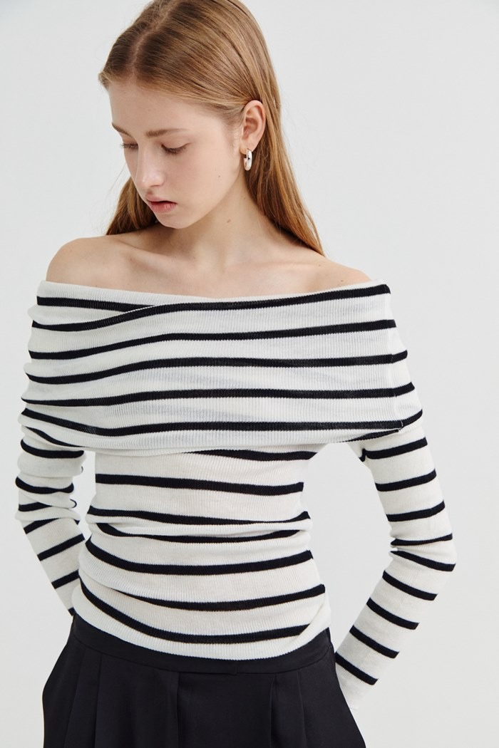 Off shoulder stripe knit_White